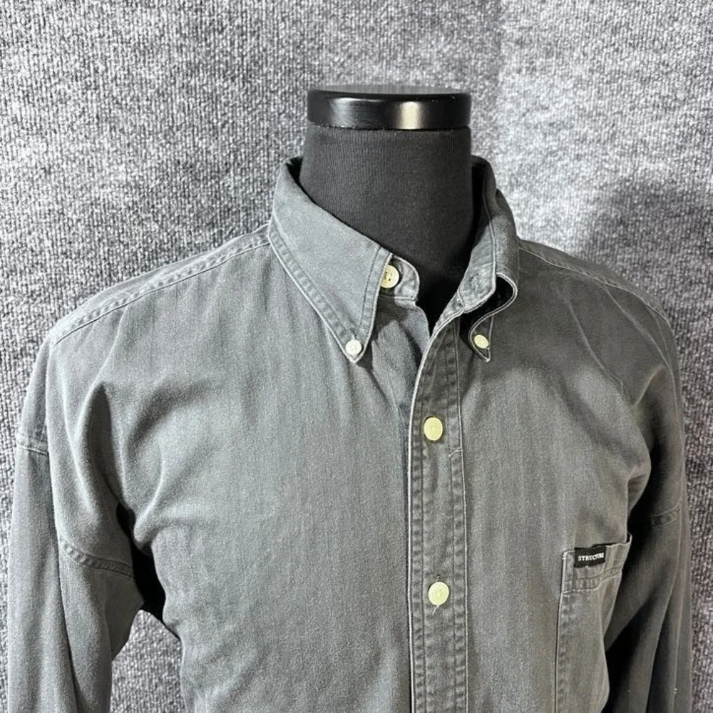 VTG 90s Structure Men's Large Dark Gray Long Sleeve 100% Cotton Button-Up Shirt - Picture 10 of 11